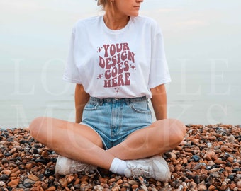 Gildan 64000 Mockup, White Gildan 64000 Mockup, White shirt Mockup, Mockup Model, White Tshirt Mockup, Outdoors Model Mockup, Beach Mockup