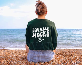 Forest Gildan 18000 Mockup, Beach Mockup, Back of Forest Sweatshirt Mockup, Forest Green 18000 Mockup, Outdoor Model Mockup, Summer Mockup