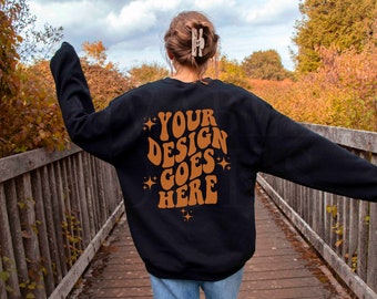 Black Gildan 18000 Mockup, Back of Sweatshirt, Fall Autumn Sweatshirt Mockup, Black Sweatshirt Mockup, Outdoor Model Mockup, Gildan Mock up