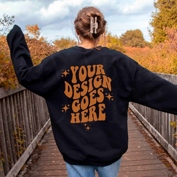 Black Gildan 18000 Mockup, Back of Sweatshirt, Fall Autumn Sweatshirt Mockup, Black Sweatshirt Mockup, Outdoor Model Mockup, Gildan Mock up