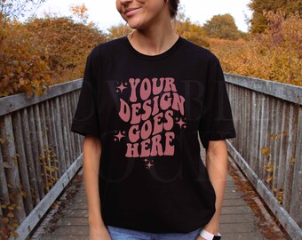 Black Bella Canvas 3001 Mockup, Autumn Bella Canvas Model Mockup, Outdoor Model Mockup, Fall Mockup, Trendy Mockup, Black Tshirt Mock