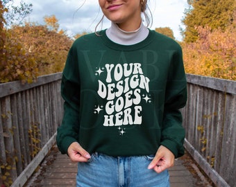 Forest Gildan 18000 Mockup, Fall Autumn Sweatshirt Mockup, Forest Green Sweatshirt Mockup, Jumper Mockup, Outdoor Model Mockup, Gildan Mock