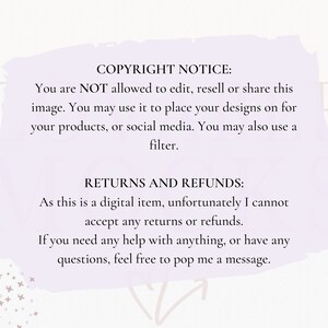 Op de afbeelding: Een paarse en witte tekstbox met de tekst "COPYRIGHT NOTICE:" en "RETURNS AND REFUNDS:"  Het is NIET toegestaan om deze afbeelding te bewerken, door te verkopen of te delen. Je mag deze afbeelding gebruiken om je ontwerpen op je producten of op sociale media te plaatsen. Je kunt ook een filter gebruiken. Omdat dit een digitaal item is, kan ik helaas geen retouren of restituties accepteren. Als je hulp nodig hebt met iets, of als je vragen hebt, neem dan gerust contact met me op.