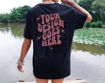 Gildan 64000 Mockup, Black Gildan 64000 Mockup, Back of shirt Mockup, Black Tshirt Mockup, Outdoor Model Mockup, Lake Tshirt mockup