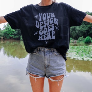 Gildan 64000 Mockup, Black Gildan 64000 Mockup, Gildan 64000 Mockup Model,  Black Tshirt Mockup, Outdoors Model Mockup, Lake T-shirt Mockup
