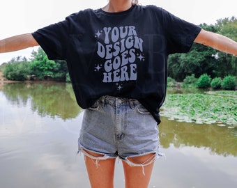 Gildan 64000 Mockup, Black Gildan 64000 Mockup, Gildan 64000 Mockup Model,  Black Tshirt Mockup, Outdoors Model Mockup, Lake T-shirt Mockup