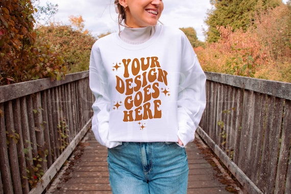 White Gildan 18000 Mockup, Fall Autumn Sweatshirt Mockup, White Sweatshirt Mockup, Oversized Mockup, Outdoor Model Mockup, Gildan Mock up