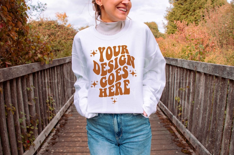 White Gildan 18000 Mockup, Fall Autumn Sweatshirt Mockup, White Sweatshirt Mockup, Oversized Mockup, Outdoor Model Mockup, Gildan Mock up image 1
