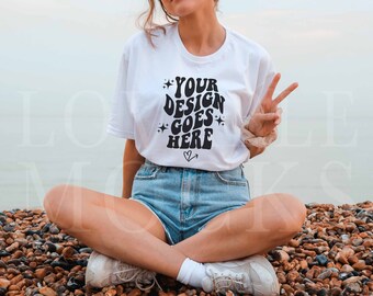 Gildan 64000 Mockup, White Gildan 64000 Mockup, White shirt Mockup, Mockup Model, White Tshirt Mockup, Outdoors Model Mockup, Beach Mockup