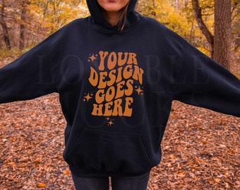Black Gildan 18500 Hoodie Mockup, Autumn Fall Mockup, Gildan Hoodie Mockup, Black Hoodie Mock up, Outdoor Model Mockup, Halloween Mockup