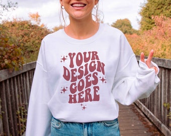 White Gildan 18000 Mockup, Fall Autumn Sweatshirt Mockup, White Sweatshirt Mockup, Oversized Mockup, Outdoor Model Mockup, Gildan Mock up