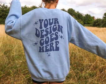 Light Blue Gildan 18000 Mockup, Back Of Sweatshirt Mockup, Oversized Gildan 18000 Model Mockup, Outdoors Gildan 18000 Mockup, Lifestyle Mock