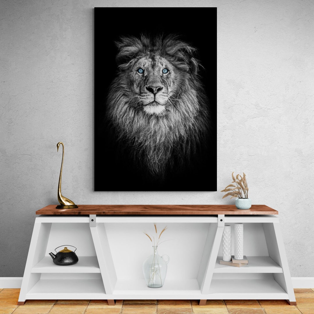 African Lion Canvas Wall Art, Ready to Hang Lion Wall Art, Black and