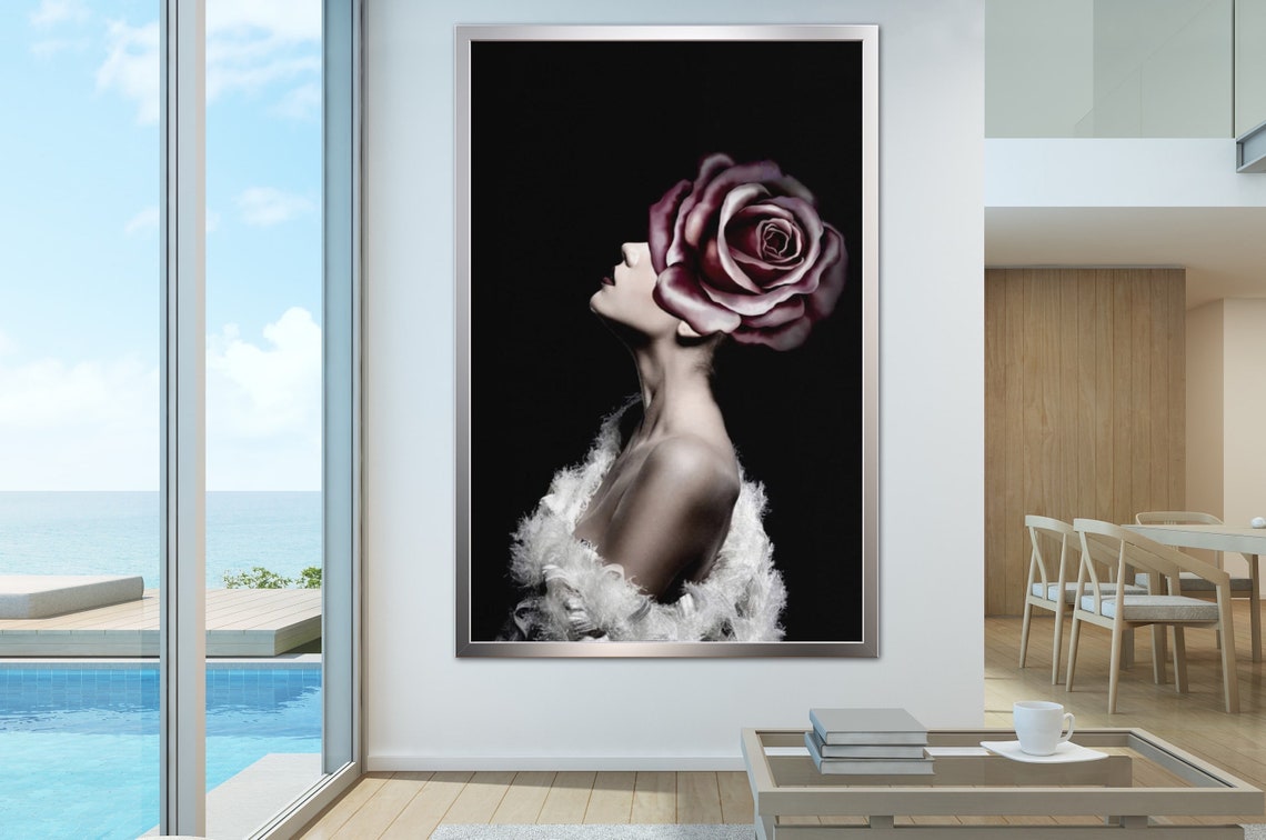Floral Female Head Canvas Art White Rose Wall Art Heavenly Etsy