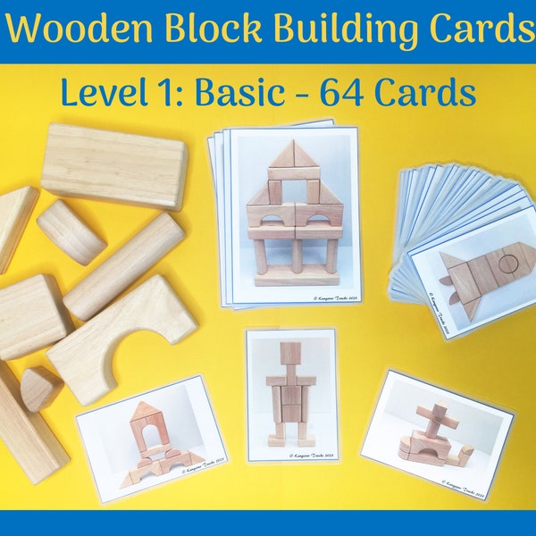 Wooden block building challenge cards for Kindergarten children (SET 1: BASIC)