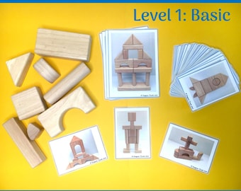 Wooden block building challenge cards for Kindergarten children (SET 1: BASIC)