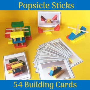 Tarjetas de construcción con palitos de helado y bloques de madera para jardín de infantes