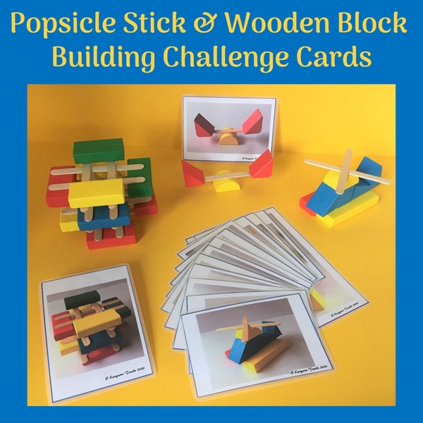 Popsicle stick & wooden block building challenge cards for Kindergarten