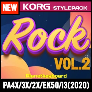 May include: A yellow and purple "Rock" graphic with the text "KORG STYLEPACK" and "VOL.2" on a dark blue background. The text "Planetkeyboard" and "PA4X/3X/2X/EK50/i3(2020)" are also visible.