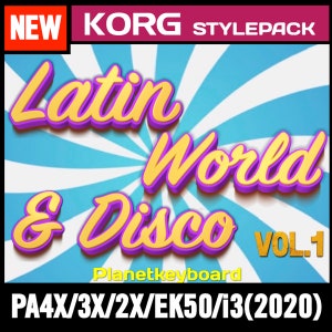 Könnte beinhalten: Ein farbenfrohes Grafikdesign für ein Korg Stylepack mit dem Titel "Latin World & Disco Vol. 1" für die Keyboards PA4X/3X/2X/EK50/i3 (2020). Das Design zeigt einen blau-weiß gestreiften Hintergrund mit gelbem und violettem Text.