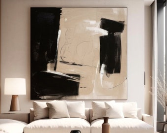 Handmade Beige Wabi Sabi Art, Black And Beige Abstract Acrylic Painting, Minimalist Canvas Wall Art, Large Neutral Wall Decor, Beige Art