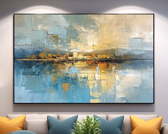Oversized Light Blue & Yellow Canvas Wall Art, Original Soft Tones Landscape Wall Decor, Extra Large Kitchen Painting On Canvas, Home Deco