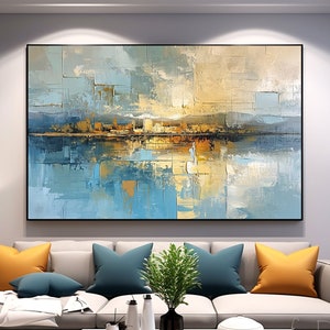 May include: Abstract painting of a cityscape reflected in a body of water. The painting is done in shades of blue, yellow, and brown. The painting is unframed and is rolled on a canvas.