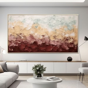 Abstract landscape-inspired painting with earthy browns, soft creams, and muted greens in layered textures.