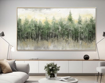 Original Forest Landscape Oil Painting, Minimalist Green Forest Artwork For Dining, Palette Knife Tree Wall Art, Living Room Art Decor