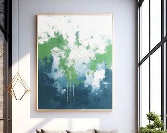 Original Canvas Wall Decoration Green White Blue, Hand-Painted Painting On Canvas, Modern Neatral Decor Gift, Living Room Wall Art