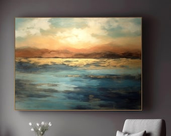 Magical Gold Seascape Canvas Wall Decoration, Turquoise Blue & Gold Wall Art, Master Bedroom Decor Gift, Natural Sea Painting On Canvas