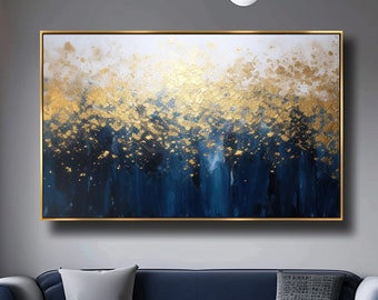 Beautiful Blue Tones & Gold Textured Wall Art, Luxury Gold Room Canvas Painting On Canvas, Blue Inspired Wall Decor Gift, Statement Piece