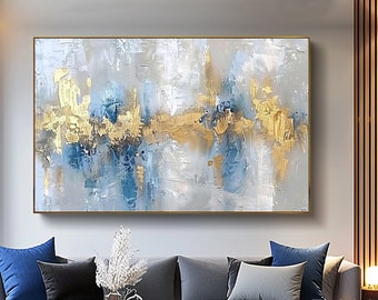 Modern Luxury Bohemian Room Wall Art Blue Gold Silver, Extra Large Golden Foil Art For Fancy Hotels, Minimalist Wall Art Blue Wall Decor