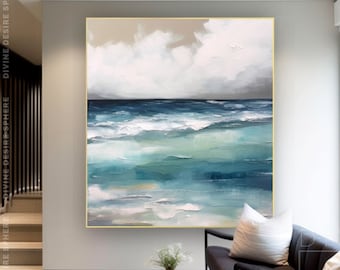 Large Original Blue Ocean Seascape Canvas Wall Art, Handmade Blue Seascape Painting On Canvas, Beach Wall Decor For Room, Contemporary Art