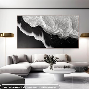 Tableau 3D vagues en noir et blanc pour le salon, oeuvre d'art sur toile texturée océan noir, décoration murale wabi-sabi, oeuvre d'art paysage moderne, décoration d'intérieur