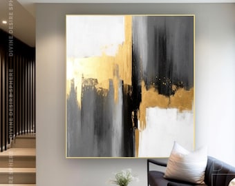 Oversize Minimalist Canvas Painting Black Gold White, Black And Gold Foil Artwork, Original Handmade Abstract Wall Art for Home Decor