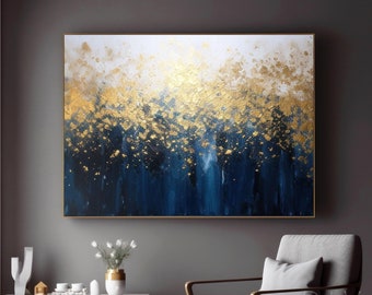 Navy Blue & Gold Leaf Handmade Abstract Artwork, Dark Blue Acrylic Canvas Painting, Modern Aesthetic Decor For Living Room, Gold Canvas Art