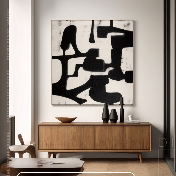Abstrakte Schwarzweiß-Kunst, handgemachte minimalistische Malerei Beige Schwarz, Weiß, Schlafzimmer abstrakt, geometrische Wandkunst