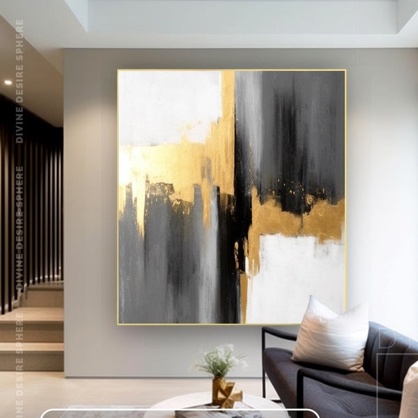 Oversize Minimalist Canvas Painting Black Gold White, Black And Gold Foil Artwork, Original Handmade Abstract Wall Art for Home Decor