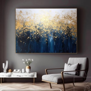Arte abstrata feita à mão em azul marinho e folha de ouro, pintura em tela acrílica azul escuro, decoração estética moderna para sala de estar, arte em tela dourada