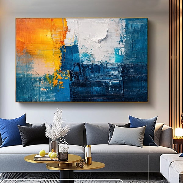 Hand-Painted Blue & Orange Abstract Artwork On Canvas, Semi Abstract Deep Blue Sea Tones Wall Art, Vertical Palette Knife Strokes Deco