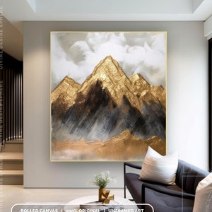 Fancy Golden Mountain Oil Painting On Canvas, Original Textured Mountain Wall Art With Gold Leaf, Modern Art For Bedroom And Living Room