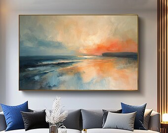 Coastal Sky & Landscape Abstract Art, Soft Palette Knife Style Wall Art, Original Brown Beach Wall Deco, Beautiful Orange Seascape Artwork