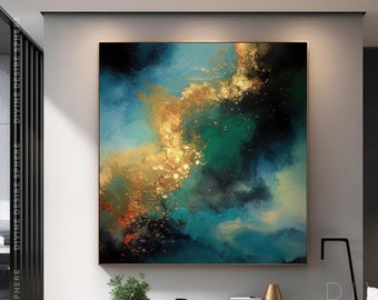 Très grande oeuvre d'art abstraite dorée et bleue, oeuvre d'art murale en feuille d'or avec une touche de bleu, peinture bleue à accrocher au mur, oeuvre d'art moderne pour salon