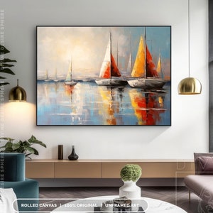 Extra Large Original Sailboat Oil Painting On Canvas, Harbor Landscape Artwork For Room, Nautical Canvas Art For Home Decor, Living Room Art