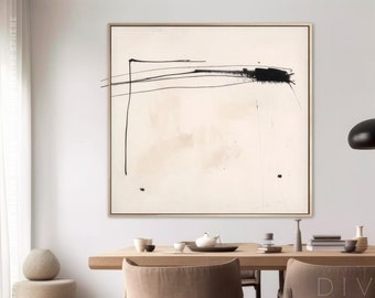 Unique Minimalist Beige Canvas Art, Original Handmade Wabi-Sabi Wall Art, Light Beige Minimalist Wall Art, Black Line Art For Modern Room