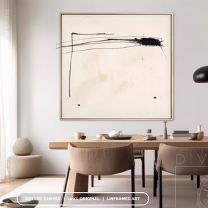 Arte su tela beige minimalista unica, arte murale Wabi-Sabi originale fatta a mano, arte murale minimalista beige chiaro, arte con linee nere per una stanza moderna