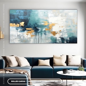 Original Textured Abstract Artwork Blue White, Large Hand-Painted Palette Knife Painting, Minimal Light Blue Art With Gold, Modern Home Deco