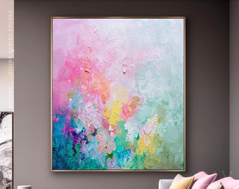 Arte mural abstracto moderno en tonos rosados, pintado a mano, original lienzo floral, obra de arte personalizada y colorida, regalo para ella.
