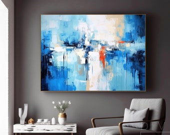 Extra Large Blue Abstract Canvas Wall Art, Colorful Palette Knife Oil & Acrylic Painting On Canvas, Original Handmade Light Blue Art